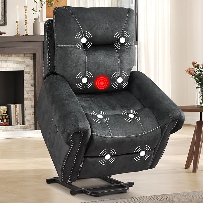 EBELLO Electric Power Recliner Chair with Massage and Heat, Soft Fabric Massage Recliner for Adults, Overstuffed Single Reclining Sofa, Vintage Rivet Mid-Century Design for Living Room, Grey-Ruum Studio Home