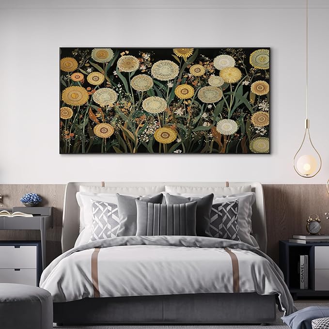 SIGNWIN 36"x72" Extra Large Framed Wall Art Whimsical Dandelion Field in Yellow and Green, Playful Botanical Print for Home Living Room Bedroom Decor (Frame Assembly Required)-Ruum Studio Home