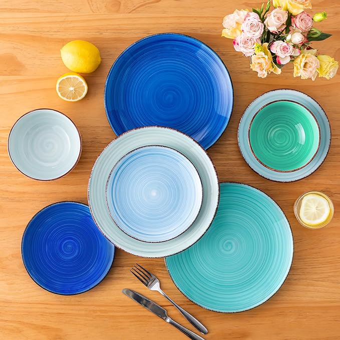 vancasso Bonita Dinnerware Set Blue Stoneware 18 Pieces Service for 4, Handpainted Spirals Pattern Stoneware Plates and Bowls Set-Ruum Studio Home