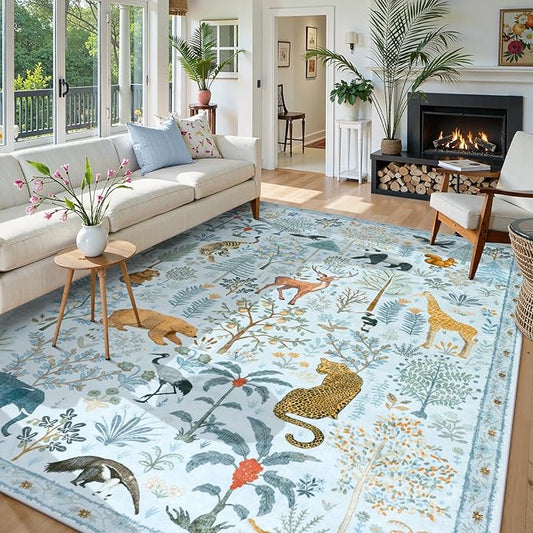 OJIA Animal Area Rugs 8x10, Soft 8x10 Washable Rugs for Living Room Bedroom, Non-Slip Boho Ultra-Thin Dining Room Rug Large Throw Carpet for Farmhouse Playroom Office, Light Blue-Ruum Studio Home