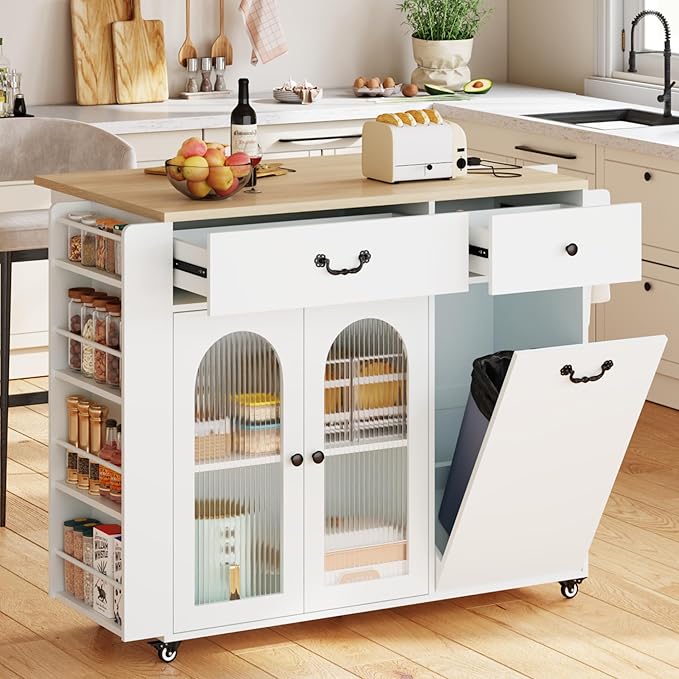 Kitchen Island with Drop Leaf & Power Outlet, Rolling Kitchen Island on Wheels with Trash Can Storage, Island Table Bar Cart with Spice Rack, Towel Rack, Drawers, Mobile Kitchen Carts on Wheels-Ruum Studio Home