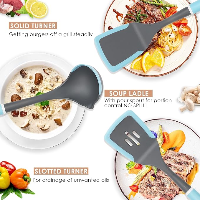 Kitchen Cooking Utensils Set, Non-Stick Spatula Set with Rotating Stand, 6 PCS Silicone Utensils Set for Cooking, 400°F Heat Resistant, Kitchen Gadgets with Nylon Handle & Stable Holder, Grey Blue-Ruum Studio Home