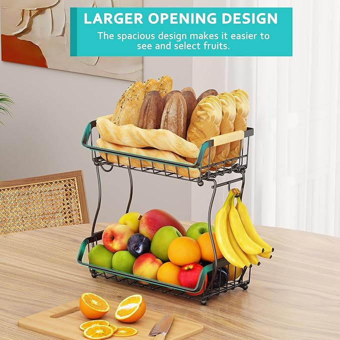 2 Tier Fruit Basket with 2 Banana Hangers, Detachable Countertop Fruit Bowls for Kitchen Counter, Metal Wire Fruit Vegetable Storage Holder Stand with Wooden Handles for Bread, Snacks, Veggies-Ruum Studio Home