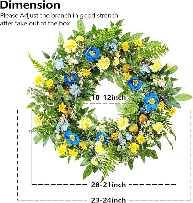 WANNA-CUL 24 Inch Spring Summer Carnation Wreaths for Front Door, Spring Front Door Wreath with Blue &Yellow Flowers Door Wreath with Pomegranates,Daisy for Wedding-Ruum Studio Home