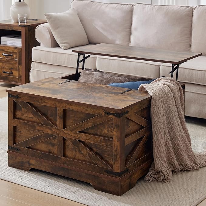 Coffee Table with Storage, Rustic Brown Square Coffee Tables for Living Room, Lift top Coffee Table with Large Hidden Compartment, Smart Cocktail Tables with Flip Top Lids for Home Office-Ruum Studio Home