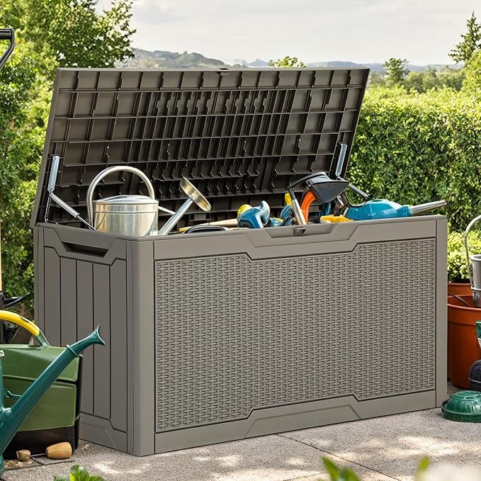 YITAHOME 80 Gallon Resin Deck Box, Weather Resistant Outdoor Rattan Storage Box, Lockable Indoor Outdoor Storage for Supplies and Essentials, Taupe-Ruum Studio Home