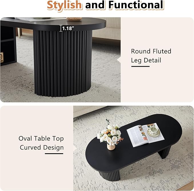 Oval Fluted Coffee Table, 47" Farmhouse Wood Coffee Table Mid Century Modern Center Table Boho Living Room Tables for Living Room Office,Black-Ruum Studio Home