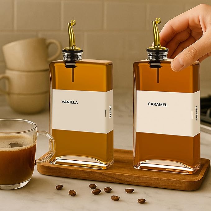 Olive Oil Dispenser Bottle - Includes 44 Kitchen Essential Labels - Cooking Oil Bottles for Kitchen, Coffee Syrup Dispenser - Pourer Spout with 11.8 fl oz Glass Container Cruet - 4pcs, Gold