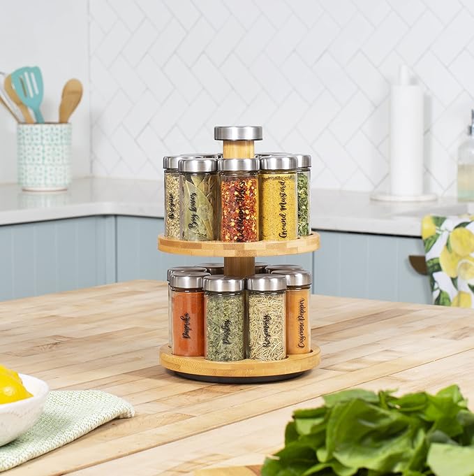 Orii 16 Jar Spice Rack with Spices Included - Rotating Countertop 2 Tier Tower Organizer for Kitchen Spices and Seasonings, (Bamboo Wood)-Ruum Studio Home