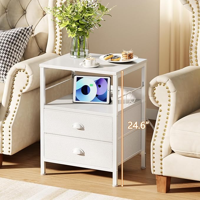 Furologee Night Stand with Charging Station, Bedside Table with Fabric Drawers, End Table with USB Ports & Outlets, White Nightstand with Storage Shelf & Hooks, for Living Room/Bedroom, White-Ruum Studio Home