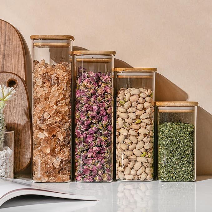 56oz Rectangle Airtight Glass Storage Containers with Bamboo Lids (Set of 3), Square Food Storage Jar, Pantry Organizers for Oats, Cereal, Pasta and Coffee beans (‎with Black Lable)-Ruum Studio Home