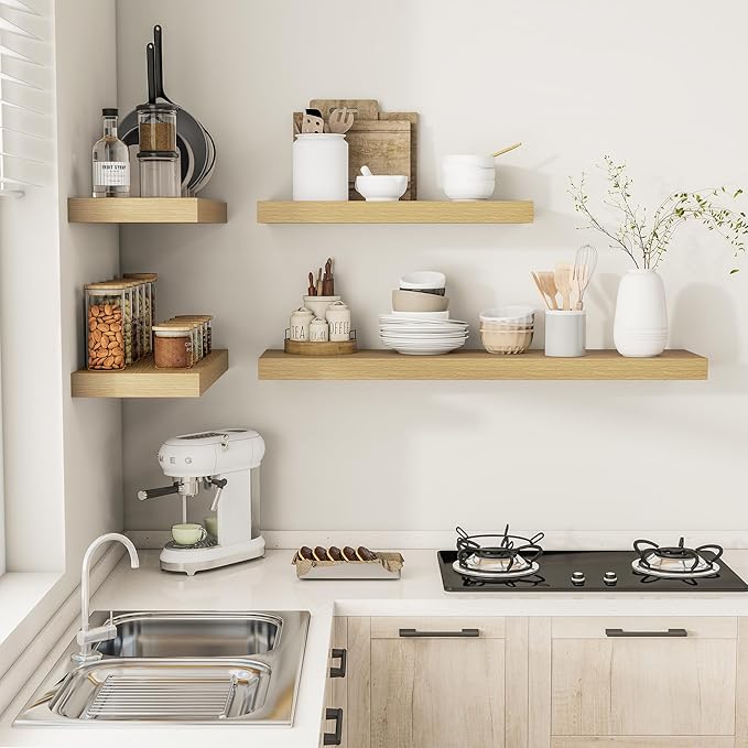 12 Inch Deep Floating Shelves 55 inch Long, 55 x 12 Wide Wall Shelves with Invisible Brackets, Heavy Duty Shelf for Bedroom Bathroom Living Room Kitchen Office Home Decor, Modern Shelf Set of 2, Oak-Ruum Studio Home