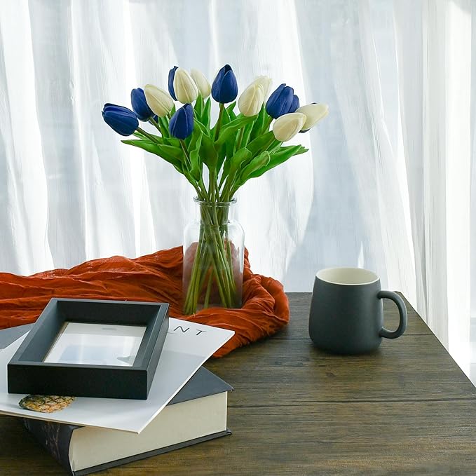 Mandy's Artificial Tulips 20 Stems Blue and White PU Faux Flowers for Wedding Home Decor 13.5 Inch-Ruum Studio Home