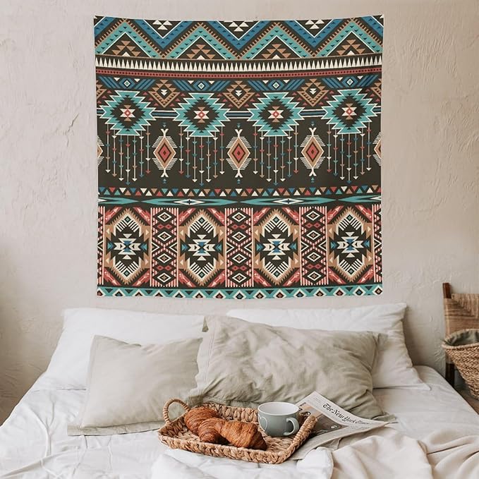 HZOHNAGO Aztec Tapestry Turquoise Blue and Brown and Native American Tribal Pattern Printed Wall Tapestry Wall Hanging for Bedroom Living Room Dorm 60" W x 60" H-Ruum Studio Home