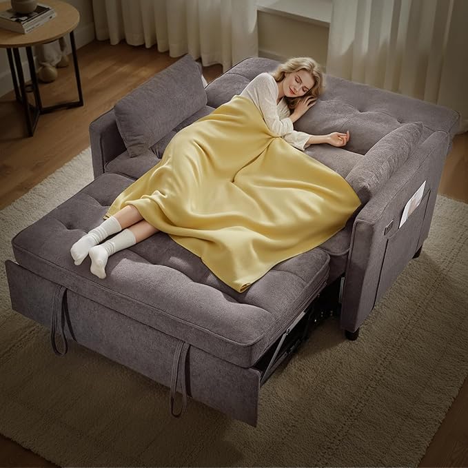 Convertible Sofa Bed, 3 in 1 Pull Out Couch, Loveseat Sleeper with Side Pocket, Living Room Sofa with Adjustable Backrest | USB Charging Port | Two Pillows | Towel Fabric | Dark Gray-Ruum Studio Home