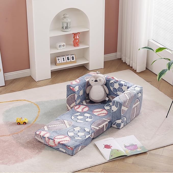 Toddler Chair Kids Couch, 2-in-1 Toddler Soft Sherpa Couch Fold Out Armchair Glow in The Dark with Removable Cover, Convertible Reading Chair Toddler Sofa for Kids, Football-Ruum Studio Home