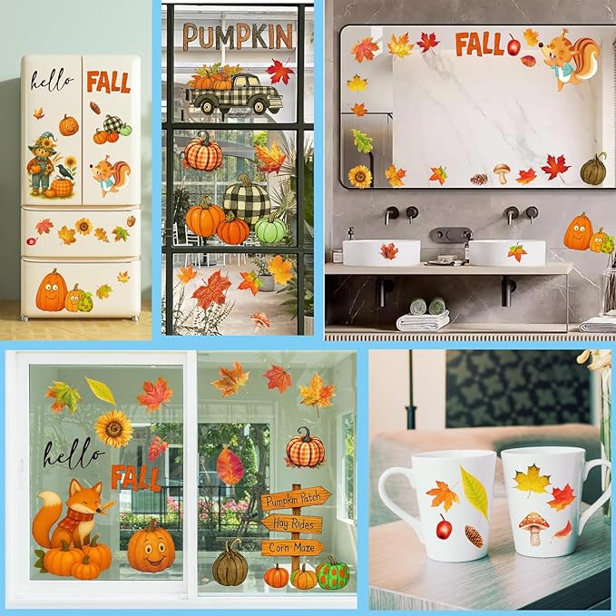 DC-BEAUTIFUL 153 Pcs Fall Window Clings, 12 Sheets Double Sided Autumn Pumpkin Scarecrow Maple Leaf Glass Stickers, Reusable Static Thanksgiving Window Decals Party Decors for Home Office School Shop-Ruum Studio Home