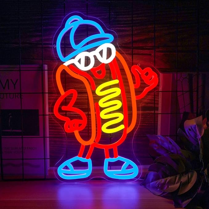 Hot Dog Neon Sign Dimable Cool Hot Dogs Neon Signs Funny Hot Dog Party Themed Light Decor for Restaurants Bars Game Rooms Vibrant LED Lighting Gifts for Fast Food Enthusiasts (15×9.8inch)-Ruum Studio Home