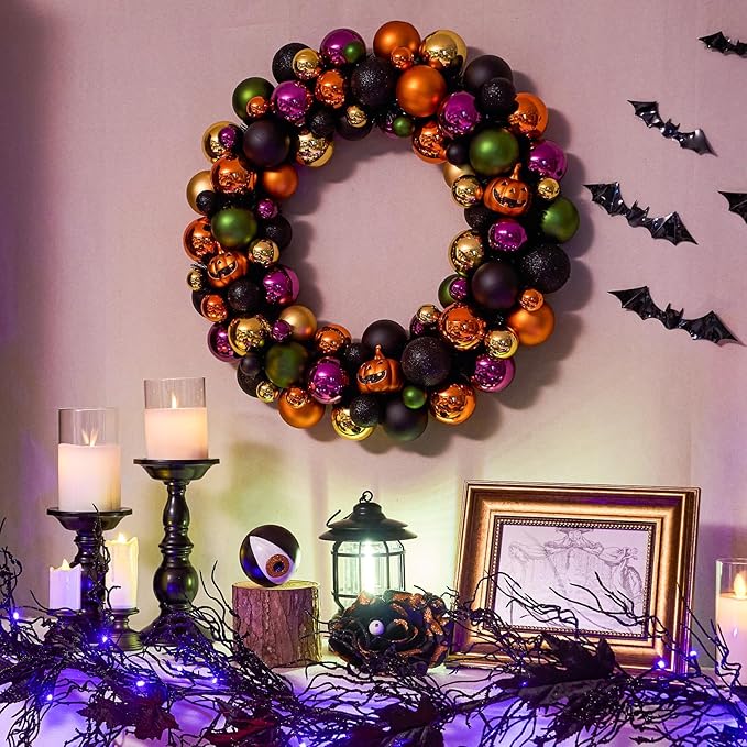 JORNOY 20inch Large Halloween Ball Wreath with Ghost & Pumpkin Accents - Seasonal Orange/Black Wall Hanging, Front Door, Mantel, Porch Decor for Home-Ruum Studio Home