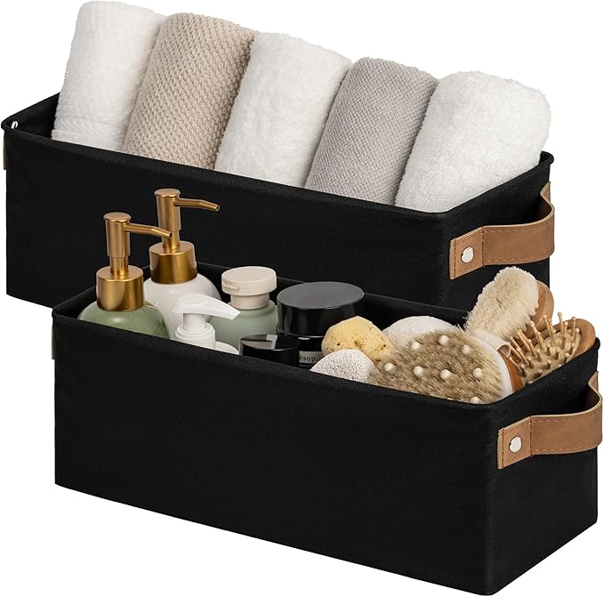 StorageWorks Narrow Storage Bins, Small Basket for Closet and Shelves, Fabric Organizer with Handles, Toilet Paper Storage, Black, 2-Pack-Ruum Studio Home