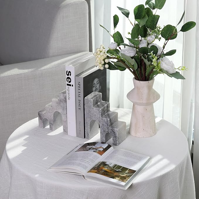 Natural Marble Book Ends for Shelves, Decorative Bookends for Heavy Books, CastleGuard Bookend Book Holder Stopper for Home Office Desk Bookshelf Decoration, Set of 2 (Mist Grey)-Ruum Studio Home