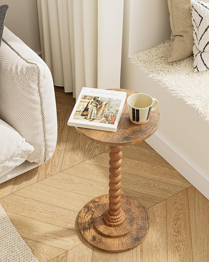 Masupu Round Side Table, Small End Table for Small Spaces, Pedestal Drink Table with Solid Wood Leg for Living Room, Bedroom, Corners(Rustic Brown)-Ruum Studio Home