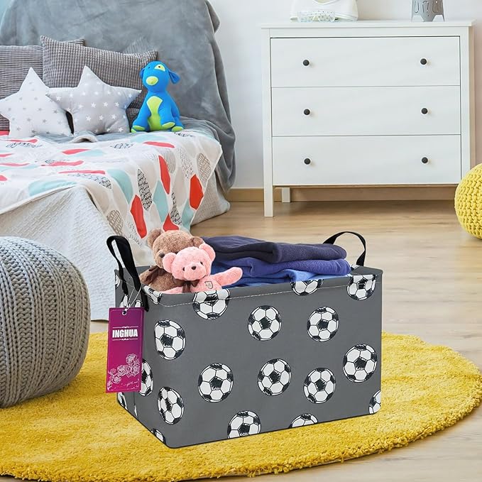 Rectangular Storage Basket Fabric Organizer Bin for Toys,Books,Clothes,Gifts,Pets-Perfect for Home,Office,Nursery,Dorm,Shelf(Rec-grey football )-Ruum Studio Home