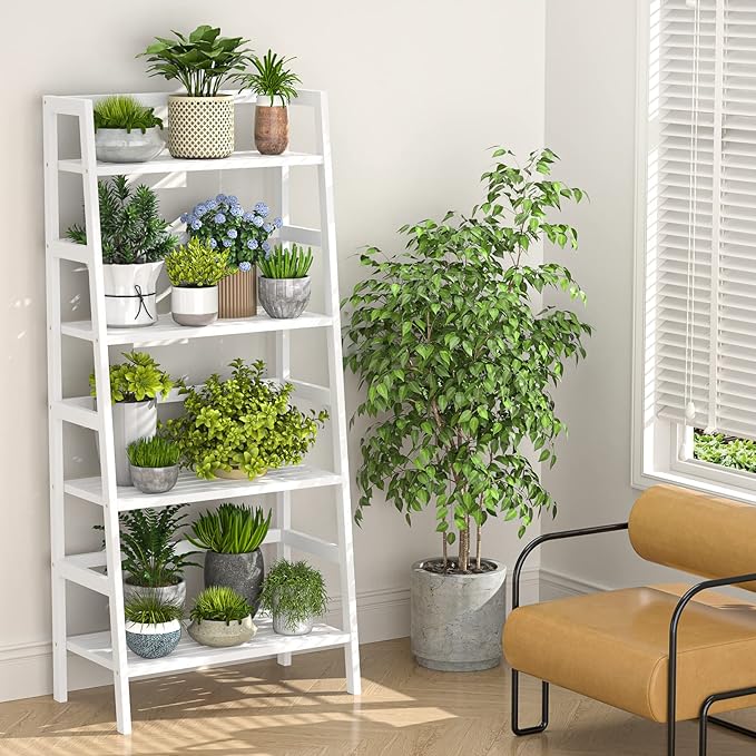 Homykic Bamboo White Bookshelf 4-Tier Ladder Shelf, 49.2” Freestanding Open Bookcase Book Shelf Bathroom Storage Shelf Unit Plant Stand for Small Space, Bedroom, Living Room, Home Office-Ruum Studio Home