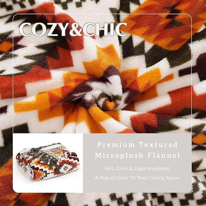 CASAAGUSTO Boho Throw Blanket - Orange and Green Decorative Blankets with Tassel, Printed Flannel Bohemian Blanket for Chair, Bed, Sofa, Couch(50 * 60, Orange and Green)-Ruum Studio Home