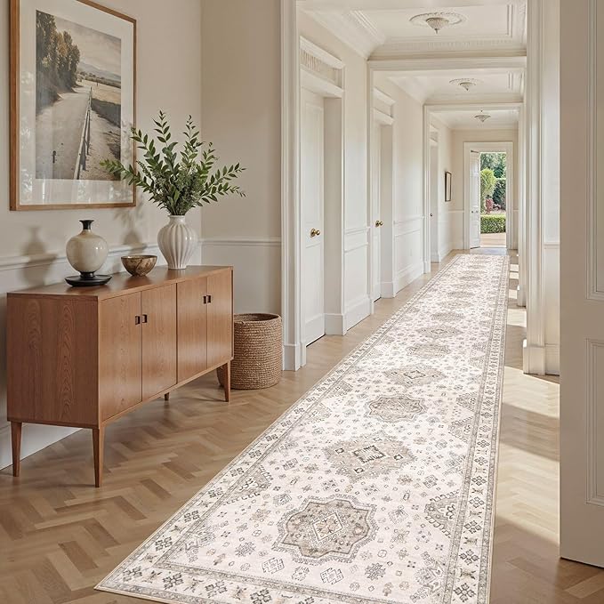 Washable 3x20 Runner Rug - Area Rugs Neutral Vintage Distressed Floral Farmhouse Boho Large Soft Floor Rug Indoor Carpet for Hallway Entryway Home - Beige Brown-Ruum Studio Home