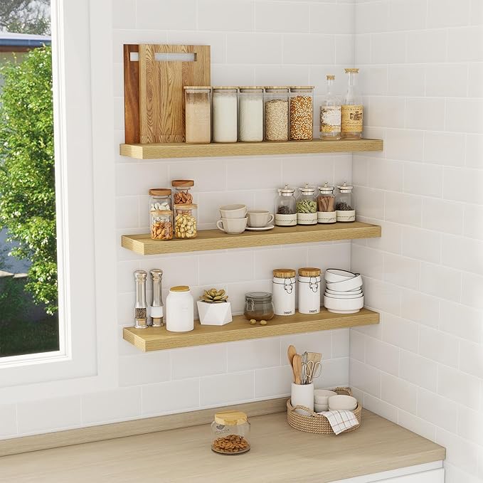 Fun Memories 32 Inch Floating Shelves Wall Shelf Set of 3, Rustic Farmhouse Home Decor Kitchen Living Room Shelves Wall Mounted, 32 x 6.7 x 1.4 Inch, Oak Color-Ruum Studio Home