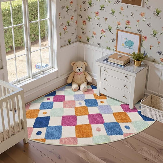 jinchan Kids Rug for Nursery 5ft Radius Corner Washable Area Rug Modern Colorful Quarter Circle Rug Soft Non-Slip Carpet for Bedroom Playroom Daycare Reading Nook Kitchen Classroom Berries on Cream-Ruum Studio Home