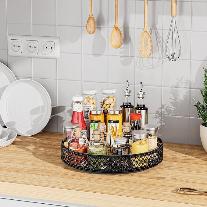 Ovicar Lazy Susan Organizer Turntable - 11 inch Rotating Spice Rack Metal Lazy Susan for Cabinet Pantry Kitchen Countertop Dining Table Cupboard Bathroom Refrigerator Vanity Black-Ruum Studio Home
