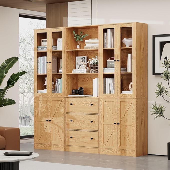 71" Tall Bookshelves Set of 3, 1 Bookcase with Drawers & 2 Bookshelves with Doors, Wooden Floor Standing Display Storage Shelves for Home Office, Living Room-Ruum Studio Home