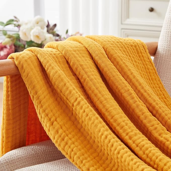 EMME Cotton Twin Blanket 100% Muslin Blanket for Couch Breathable Gauze Blanket All Season Soft and Lightweight Pre-Washed (Mustard Yellow, 60"x80")-Ruum Studio Home