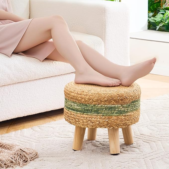Handwoven Round Ottoman, Natural Water Hyacinth Outdoor Patio Pouf Seagrass Low Stool with Wood Legs, Soft Padded Footrest for Living Room Bedroom Garden, Green-Ruum Studio Home