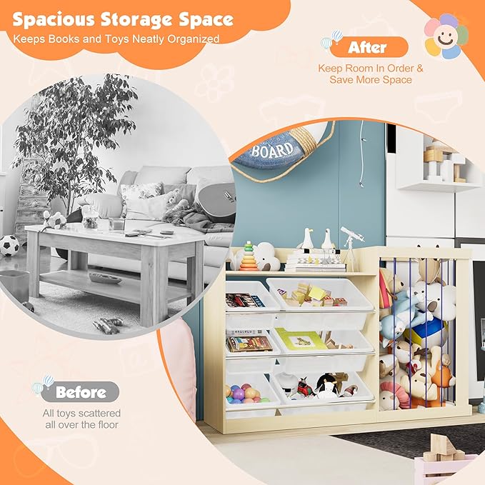 Kids Toy Storage Organizer with 6 Removable Plastic Bins Toddler Montessori Bookshelf with Stuffed Animal Net Holder Baby Bookcase Plush Organizer for Playroom,Bedroom,Kids Room,Classroom-Ruum Studio Home
