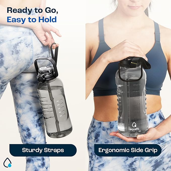 AQUAFIT 64 oz Water Bottle with Time Marker - 2in1 Straw & Chug Lid - BPA Free Big Water Bottle with Straw - Gym Water Bottle with Strap - Water Jug (64 Ounces, Frosty)-Ruum Studio Home