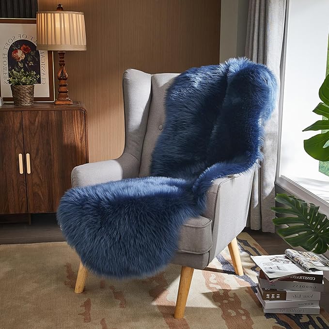 AMTOVO Faux Sheepskin Rug, Dark Blue Ultra Soft Fluffy Shag Area Rug, 2 x 6 ft Faux Fur Rug for Bedroom Sofa Throw Cushion Room Decor, Sheepskin-Ruum Studio Home