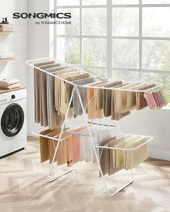 SONGMICS Clothes Drying Rack, Foldable 2-Level Laundry Drying Rack, Free-Standing Laundry Airer, with Height-Adjustable Wings, 33 Drying Rails, Sock Clips, White and Gray ULLR053G01V1-Ruum Studio Home