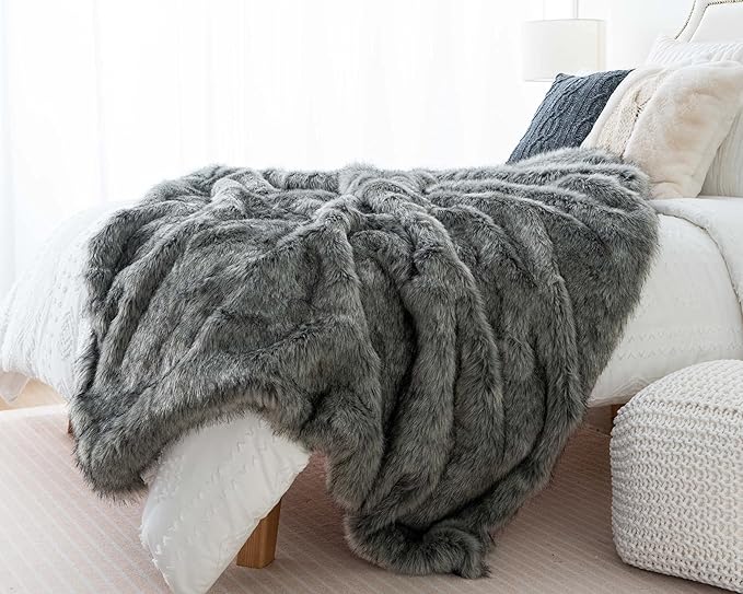 BATTILO HOME Wolf Faux Fur Blanket, Extra Large Fox Fur Throw Blankets for Couch, Bed, Super Soft, Fluffy, Eelegant, Grey with Black Tips Blanket Reversible to Plush Velvet, (Grey, 60"x80")-Ruum Studio Home