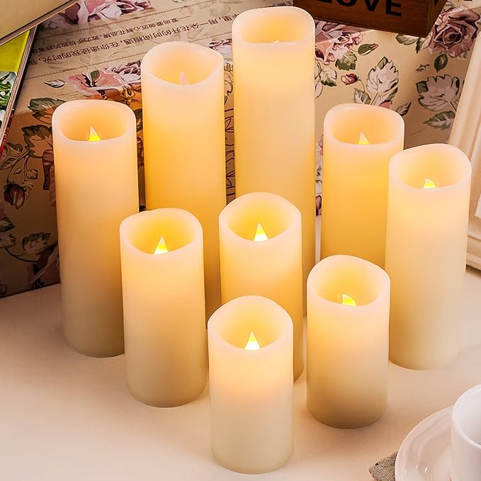 Flameless Candles Battery Operated Candles 4" 5" 6" 7" 8" 9" Set of 9 Ivory Real Wax Pillar LED Candles with 10-Key Remote and Cycling 24 Hours Timer-Ruum Studio Home