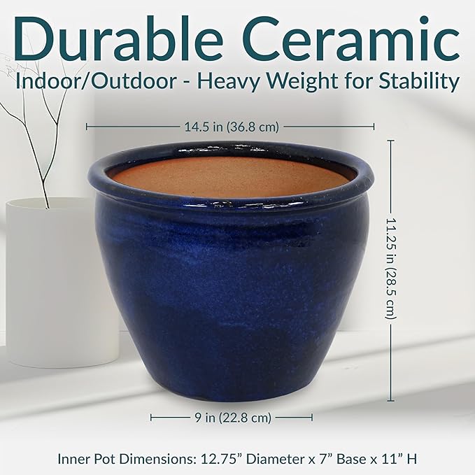 Sunnydaze Chalet Large Ceramic Plant Pot - Round Outdoor Glazed Ceramic Planter Pot with Drainage - Imperial Blue - 14.5"-Ruum Studio Home
