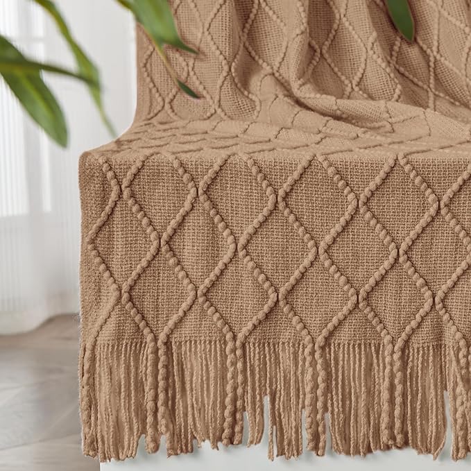 inhand Knitted Throw Blankets for Couch and Bed, Soft Cozy Knit Blanket with Tassel, Khaki Lightweight Decorative Blankets and Throws, Farmhouse Warm Woven Blanket for Men and Women, 60"x80"-Ruum Studio Home