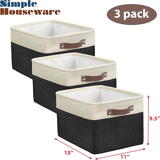 SIMPLE HOUSEWARE Large Fabric Storage Bin, 15" x 11" with Leather Like Handles, 3 Pack, Black-Ruum Studio Home