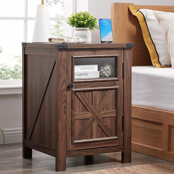 JXQTLINGMU Farmhouse End Table with Charging Station, 18'' Rustic Nightstand with Barn Door & Adjustable Shelf, Wooden Sofa Side Table with 3-Tier Storage for Living Room, Bedroom, Brown-Ruum Studio Home