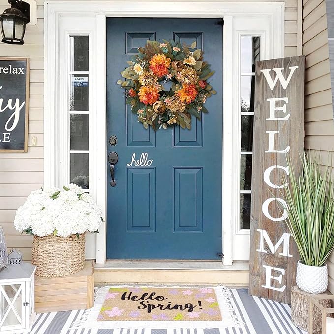 WANNA-CUL 24 Inch Spring Fall Wreaths for Front Door,Fall Wreath with Orange Hydrangea&Peony and Dahlia Flowers-Fall Decoration for Home-Large Fall Decor Door Wreath for Autumn,Harvest-Ruum Studio Home