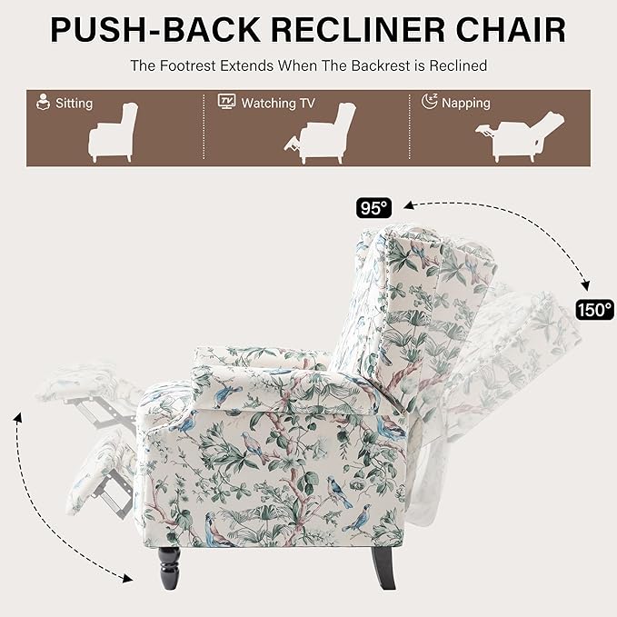 UIXE Floral Pushback Recliner Chair, Fabric Upholstered Armchair Push Back Accent Chair for Living Room, Rivet Trim Club Chair Home Theater Single Sofa Reading Seat - Bird-Ruum Studio Home