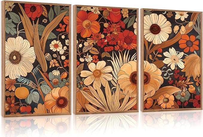 Aurlan Boho Burnt Orange Terracotta Wildflowers Framed Wall Art(16"x24"), 3 PCS Abstract Floral 3D Textured Canvas Artwork, Large Modern Vintage Botanical Nature Art Wall Decor for Home Office Living Room Bedroom-Ruum Studio Home