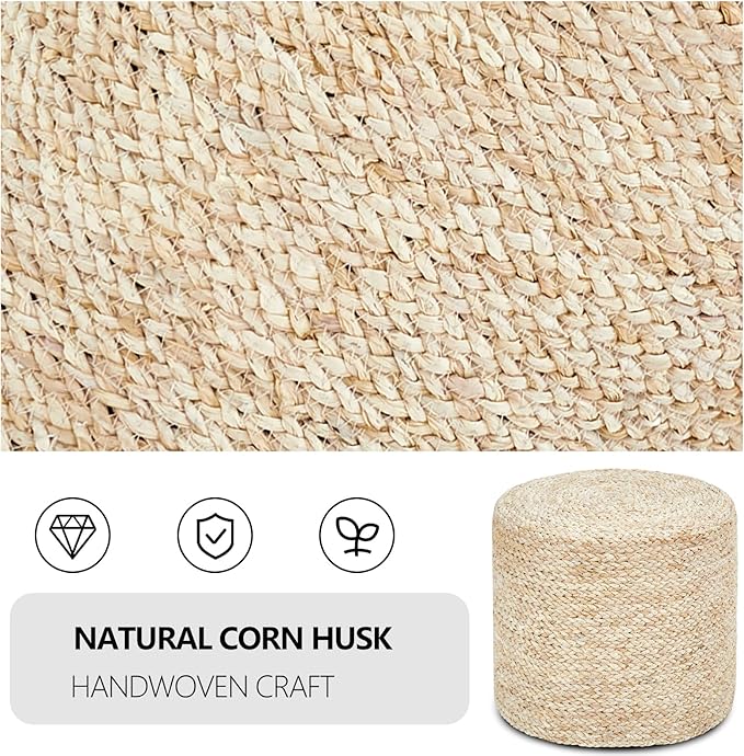 Wimarsbon 18'' Ottoman Pouf, Natural Braided Poof, Rustic Handweave Lounge Pouffe, Boho Footrest Stool for Bedroom, Accent Table or Seat for Living Room (Natural Corn Husk)-Ruum Studio Home